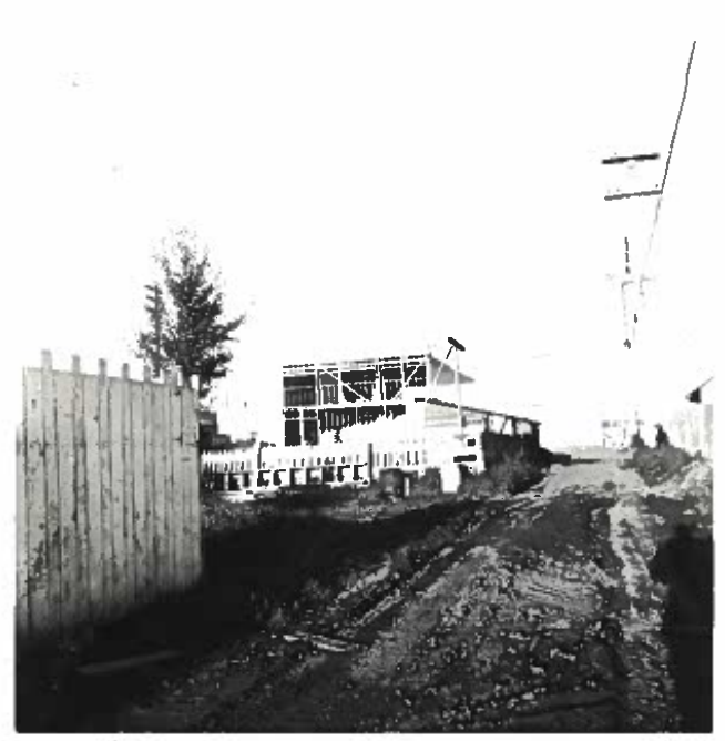 The unpaved road and wood fencing outside the new building, late 1950s